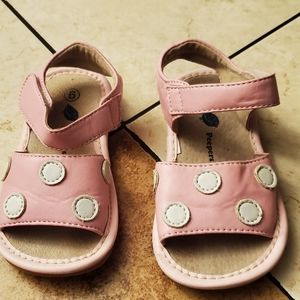 Alligator peepers pink sandels white polka dots